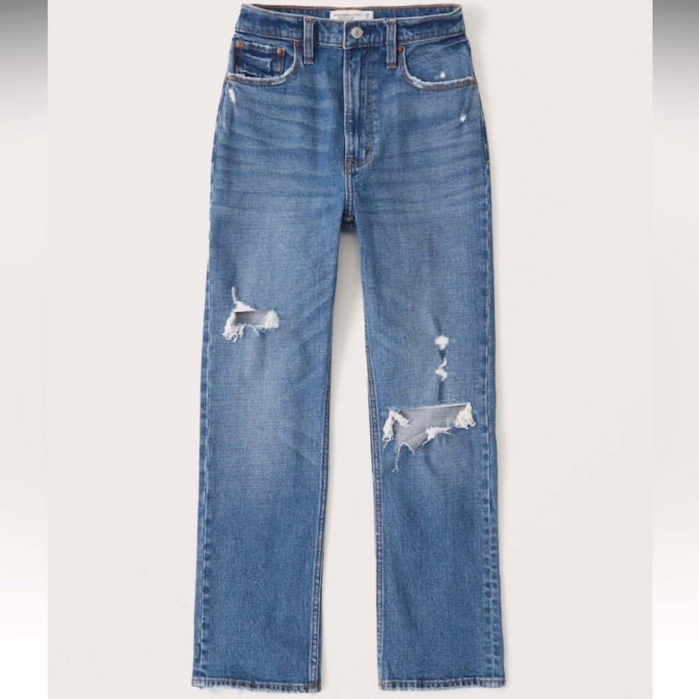 Abercrombie & Fitch Ultra High Rise Ankle Straight Medium Wash Distressed Jeans